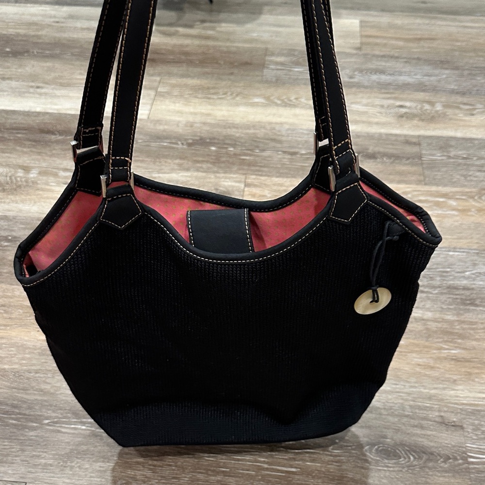The SAK Chic Black Tote Bag with Pink and Lime Green Polka Dot Interior - Picture 15 of 16